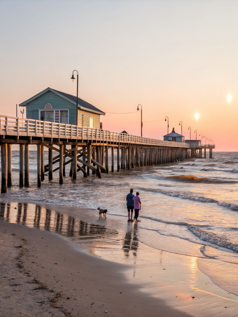A realistic, warm-toned photograph of a Galveston waterfront scene with sunlit water and beach elements, conveying a welcoming coastal atmosphere.