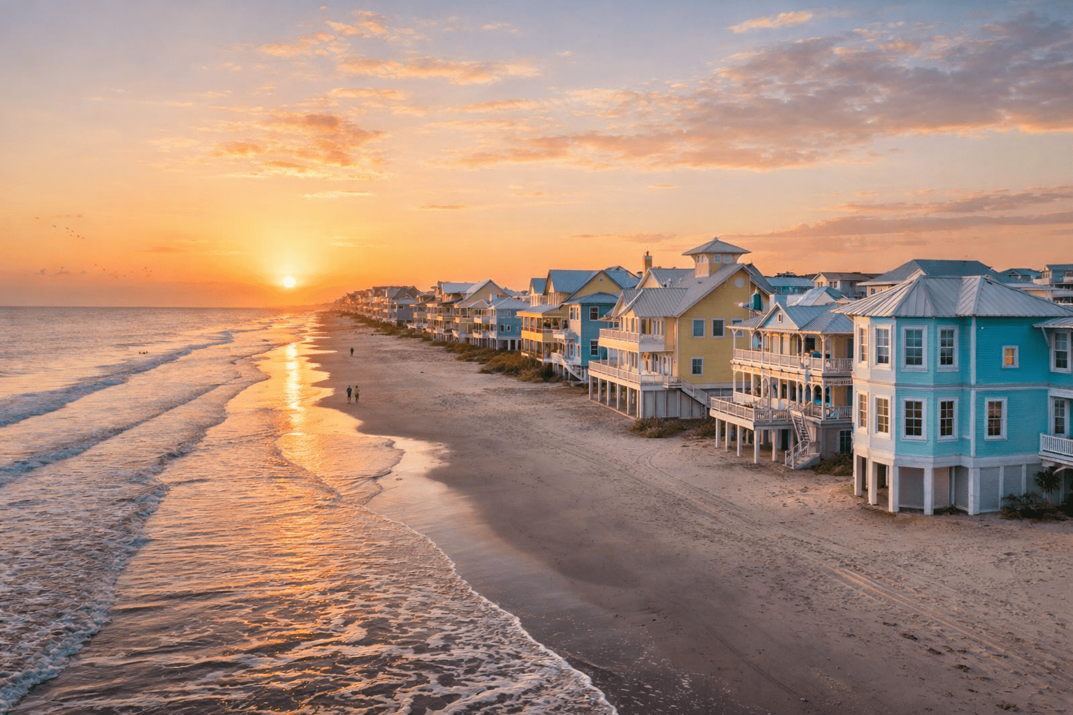 Galveston beach homes at sunset
